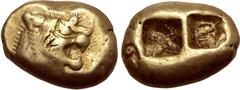 GREEK Kingdom of Lydia, Alyattes EL Trite - 1/3 Stater. Sardes, circa 600-561 BC. Head of roaring lion to right, sunburst with five rays on forehead / Two incuse square punches. GRPC Lydia G25; Weidau