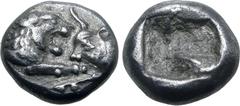 GREEK Kingdom of Lydia, Kroisos AR 1/12 Stater. Sardes, circa 561-546 BC. Confronted foreparts of lion to right and bull to left / Incuse square. GRPC Lydia S8; SNG Kayhan 1020-21; SNG von Aulock 2880