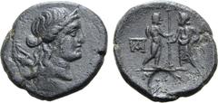 GREEK Lydia, Magnesia ad Sipylum Æ 19mm. 2nd-1st centuries BC. Diademed bust of Artemis to right, bow and quiver over shoulder / Zeus standing to left, Hermes standing to right, holding sceptre betwee