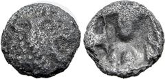 GREEK Persia, Achaemenid Empire AR 1/48 Stater. Time of Kyros - Darios I, in the types of Kroisos. Sardes, circa 550-520 BC. Head of roaring lion to right / Irregular incuse punch. GRPC Lydia S13 = Na