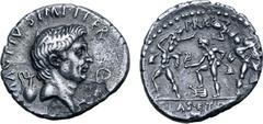 ROMAN IMPERATORIAL Sextus Pompey AR Denarius. Uncertain mint in Sicily (Catania?), 42-40 BC. MAG•PIVS•IMP•ITER, bare head of Pompey Magnus to right; capis behind, lituus before / Neptune standing to l