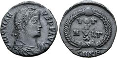 ROMAN IMPERIAL Jovian BI 19mm. Cyzicus, AD 27 June 363 - 16 Feb 364. D N IOVIANVS P F AVG, pearl-diademed, draped and cuirassed bust to right / Wreath enclosing VOT V MVLT X, written in four lines; SM