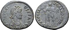 ROMAN IMPERIAL Honorius Æ 23mm. Constantinople, AD 392-395. D N HONORIVS P F AVG, pearl-diademed, draped and cuirassed bust to right / GLORIA ROMANORVM, emperor standing facing, head to right, holding