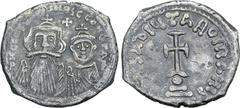 BYZANTINE Constans II, with Constantine IV, AR Hexagram. Constantinople, AD 654-659. ∂ N CONSTANTINЧS C CONSTAN, crowned and draped facing busts of Constans and Constantine IV; cross in field above / 