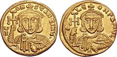 BYZANTINE Constantine V Copronymus, with Leo III 'the Isaurian', AV Solidus. Constantinople, AD 745-750. N CONSƮANƮINЧ', crowned and draped bust of Constantine facing, holding cross potent and akakia 