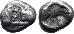 Greek Kingdom of Lydia, Kroisos AR 1/12 Stater. Sardes, circa 561-546 BC. Confronted foreparts of lion to right and bull to left / Incuse square. GRPC Lydia S8; SNG Kayhan 1020-21; SNG von Aulock 2880