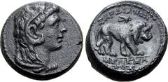 Greek Lydia, Sardes Æ 19mm. Circa 133 BC - AD 14. Menemachos, magistrate. Head of Herakles to right, wearing lion skin headdress / Lion walking to right; fly or bee above; ΣΑΡΔΙΑΝΩΝ above, ΜΕΝΕΜΑΧΟΥ b