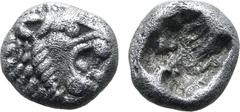 Greek Persia, Achaemenid Empire AR 1/48 Stater. Time of Kyros - Darios I, in the types of Kroisos. Sardes, circa 550-520 BC. Head of roaring lion to right / Irregular incuse punch. GRPC Lydia S13 = Na
