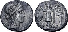 Roman Imperatorial Julius Caesar AR Denarius. Military mint travelling with Caesar, 48-47 BC. Diademed female head to right, wearing oak-wreath; LII (Caesar's age) behind / Trophy of Gallic arms, wear