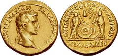 Roman Imperial Augustus AV Aureus. Lugdunum, 2 BC-AD 4. CAESAR AVGVSTVS DIVI F PATER PATRIAE, laureate head to right / AVGVSTI F COS DESIG PRINC IVVENT, Gaius and Lucius Caesar standing facing, each t