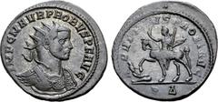 Probus Probus BI Antoninianus. Rome, AD 277. IMP C M AVR PROBVS P F AVG, radiate and cuirassed bust to right / ADVENTVS PROBI AVG, emperor on horseback to left, one hand raised and the other holding s