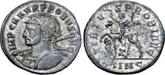 Probus Probus BI Antoninianus. Cyzicus, AD 280. IMP C M AVR PROBVS AVG, radiate, helmeted and cuirassed bust to left, holding spear and shield / VIRTVS PROBI AVG, emperor on horseback to left, one han