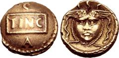 The Peaker Collection of Ancient British Britannia, the Atrebates. Tincomarus AV 1/4 Stater. Calleva, circa 25 BC-7 AD. 'Medusa' type. TINC on rectangular tablet; C above, A below / Winged head of Med