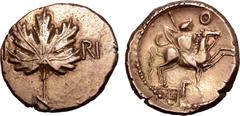 The Peaker Collection of Ancient British Britannia, the Atrebates & Regni. Verica AV Stater. Southern mint either in or near Chichester or Silchester, AD 10-40. 'Vine leaf' type. Vine leaf; [V]I-RI ac