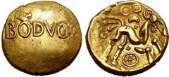 The Peaker Collection of Ancient British Britannia, the Dobunni. Bodvoc AV Stater. Circa 15-10 BC. 'Boduoc Bold' type. BODVOC / Stylised horse to right; wheel below, crescent and pellets above. ABC 20