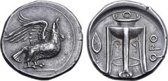Greek Bruttium, Kroton AR Stater. Circa 350-300 BC. Eagle standing to right, wings displayed and head raised / Tripod, legs terminating in lion's feet; bay leaf to left, QPO to right. Gulbenkian I 128