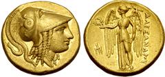 Greek Kingdom of Macedon, temp. Alexander III - Philip III AV Stater. Struck under Antipater in the name and types of Alexander III. Amphipolis, circa 325-319 BC. Head of Athena to right, wearing trip