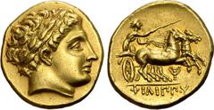 Greek Kingdom of Macedon, Philip III Arrhidaios AV Stater. Struck under Antipater or Polyperchon in the name and types of Philip II. Pella, circa 323-318/7 BC. Laureate head of Apollo to right / Chari