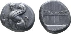 Greek Islands off Ionia, Chios AR Tetradrachm. Circa 380-350 BC. Herodotos, magistrate. Sphinx seated to left, standing amphora surmounted by [grape-bunch?] before; all on raised circular disc / Quadr