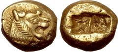 Greek Kingdom of Lydia, Alyattes EL Trite - 1/3 Stater. Sardes, circa 600-561 BC. Head of roaring lion to right, sunburst with six rays on forehead / Two incuse square punches. GRPC Lydia G26; Weidaue