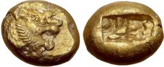 Greek Kingdom of Lydia, Alyattes EL Trite - 1/3 Stater. Sardes, circa 600-561 BC. Head of roaring lion to right, sunburst with five rays on forehead / Two incuse square punches. GRPC Lydia G25; Weidau