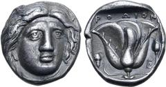 Greek Rhodos, Rhodes AR Tetradrachm. Circa 316-305 BC. Head of Helios facing slightly to right / Rose with bud to right, grapes to left; POΔION above, E in right field; all within incuse square. HNO 1