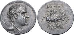 Greek Greco-Baktrian Kingdom, Eukratides I Megas AR Pentadrachm. Circa 171-145 BC. Attic standard. Diademed and draped bust to right / The Dioskouroi on horses prancing to right, each holding spear an