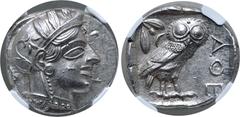 Greek Philistia (Palestine), uncertain mint AR Tetradrachm. Imitating Athens, circa 450-400 BC(?). Head of Athena to right, wearing crested Attic helmet ornamented with three olive leaves above visor 