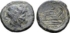 Selections from the McCabe Collection Spearhead Series Æ Semis. Sardinian mint, 209 BC. Laureate head of Saturn to right; S (mark value) behind / Prow of galley to right; S (mark of value) above, spea