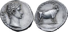 Roman Imperial Augustus AR Denarius. Samos or Pergamum(?), 21-20 BC. CAESAR, bare head to right / AVGVSTVS, bull standing to right. RIC I 475 (Samos?); BMCRE 663 (uncertain mint in the East); RSC 28; 