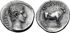 Roman Imperial Augustus AR Denarius. Samos or Pergamum(?), 21-20 BC. CAESAR, bare head to right / AVGVSTVS, bull standing to right. RIC I 475 (Samos?); BMCRE 663 (uncertain mint in the East); RSC 28; 