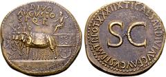 Roman Imperial Divus Augustus Æ Sestertius. Rome, AD 36-37. Deified Augustus, holding laurel-branch and long sceptre, seated to left on car pulled to left by quadriga of elephants with riders; DIVO AV