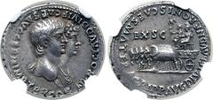 Roman Imperial Nero, with Agrippina II, AR Denarius. Lugdunum, AD 55. NERO CLAVD DIVI F CAES AVG GERM IMP TR P COS, jugate busts to right of Nero, bare-headed with slight drapery over left shoulder, a