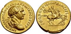 Roman Imperial Trajan AV Aureus. Rome, AD 104-107. IMP TRAIANO AVG GER DAC P M TR P COS V P P, laureate, draped and cuirassed bust to right / S P Q R OPTIMO PRINCIPI, emperor riding to right on gallop