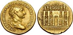 Roman Imperial Trajan AV Aureus. Rome, AD 112-113. IMP TRAIANVS AVG GER DAC P M TR P COS VI P P, laureate, draped and cuirassed bust to right / Frontal view of the hexastyle façade of Trajan's Forum, 