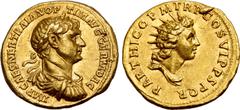 Roman Imperial Trajan AV Aureus. Rome, AD 116-117. IMP CAES NER TRAIAN OPTIM AVG GERM DAC, laureate, draped and cuirassed bust to right / PARTHICO P M TR P COS VI P P S P Q R, radiate and draped bust 
