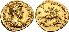 Roman Imperial Lucius Verus AV Aureus. Rome, AD 165. L VERVS AVG ARM PARTH MAX, laureate, draped and cuirassed bust to right / TR P V IMP III COS II, emperor on horseback to right, spearing fallen ene