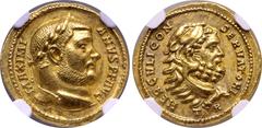 Roman Imperial Maximian AV Aureus. First reign. Treveri, AD 295-305. MAXIMIANVS P F AVG, laureate head to right / HERCVLI CONSERVATORI, bearded head of Hercules to right, wearing lion skin headdress; 