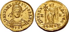 Roman Imperial Julius Nepos AV Solidus. Arelate, AD 474-475. D N IVL NEPOS P F AVG, pearl-diademed, helmeted and cuirassed bust facing slightly to right, holding spear and shield decorated with horsem