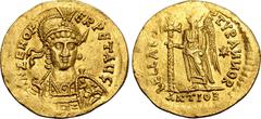 Roman Imperial Zeno AV Solidus. Antioch, AD 475-476. D N ZENO PERPET AЧϚ, pearl-diademed, helmeted and cuirassed bust facing slightly to right, holding spear and shield decorated with horseman motif /