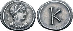 The Campostella Collection City Commemorative AR Third Siliqua. Struck under Constantine I. Constantinople, AD 330. Pearl-diademed and draped bust to right, wearing pearl necklace / Large K. Bendall T