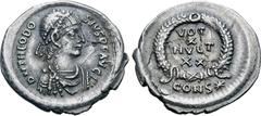 The Campostella Collection Theodosius II AR Siliqua. Constantinople, AD 408-420. D N THEODOSIVS P F AVG, pearl-diademed, draped and cuirassed bust to right / VOT X MVLT XX in four lines within wreath;