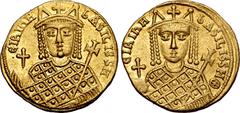 Byzantine Irene AV Solidus. Sole Reign. Constantinople, AD 797-802. ЄIRIҺH bASILISSH, crowned facing bust of Irene, wearing loros, holding globus cruciger in right hand and cruciform sceptre in left /
