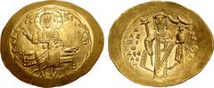 Byzantine Alexius I Comnenus AV Hyperpyron. Thessalonica, AD 1092-1118. ⧾ KЄ ROHΘЄI, Christ Pantokrator enthroned facing; IC-XC across upper fields / Alexius standing facing wearing jewelled chlamys, 