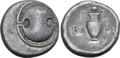 Greek Boiotia, Federal Coinage AR Stater. Thebes(?), 379-371 BC. Boiotian shield / Amphora; bunch of grapes hanging from vine above, BO-IΩ across fields, all within shallow circular incuse. BCD Boioti