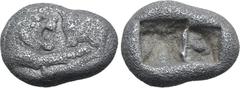 Greek Kingdom of Lydia, Kroisos AR 1/6 Stater. Sardes, circa 561-546 BC. Confronted foreparts of lion to right and bull to left / Two incuse square punches of unequal size. GRPC Lydia S6; Rosen 667; S