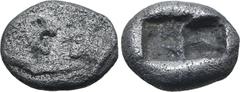 Greek Kingdom of Lydia, Kroisos AR 1/6 Stater. Sardes, circa 561-546 BC. Confronted foreparts of lion to right and bull to left / Two incuse square punches of unequal size. GRPC Lydia S6; Rosen 667; S