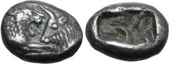 Greek Kingdom of Lydia, Kroisos AR 1/6 Stater. Sardes, circa 561-546 BC. Confronted foreparts of lion to right and bull to left / Two incuse square punches of unequal size. GRPC Lydia S6; Rosen 667; S