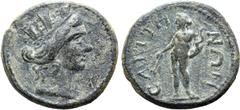 Greek Lydia, Saitta Æ 17mm. Pseudo-autonomous issue, circa AD 100-218. Turreted head of Tyche to right / ϹΑΙΤΤΗΝΩΝ, nude figure of Apollo standing facing, head to left, holding branch and bow. GRPC Ly