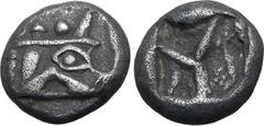 Greek Lykia, Phaselis AR Triobol. Circa 520-480 BC. Prow of galley to right, decorated as forepart of boar / Divided incuse square in Y shape. De Luynes 2750 = Traité I, 843; cf. SNG von Aulock 4390 (